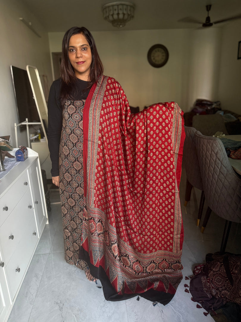 Natural Dye Ajrakh Handblock Printed Modaal silk 2  Piece suit MF0077