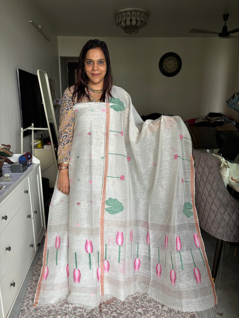 Pure fine linen silk handwoven jamdani top and dupatta 2 piece set