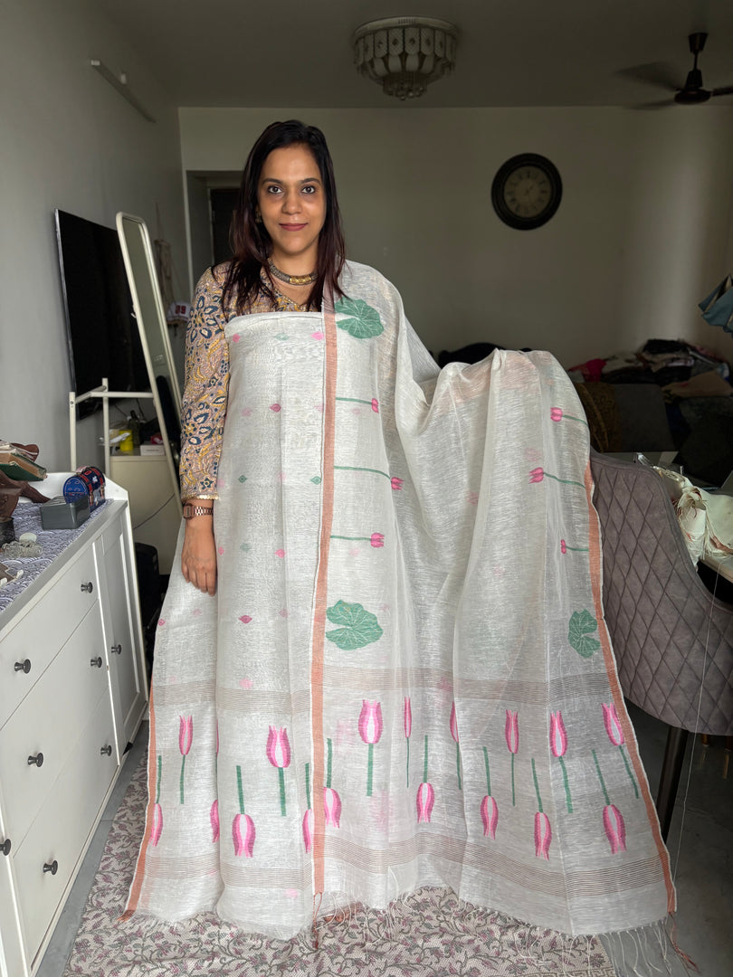Pure fine linen silk handwoven jamdani top and dupatta 2 piece set
