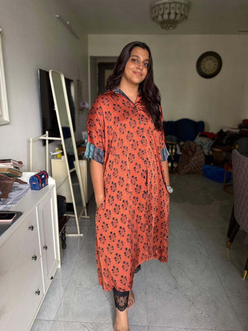 Modal silk ajrakh kaftan shirt dress