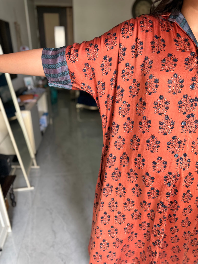 Modal silk ajrakh kaftan shirt dress