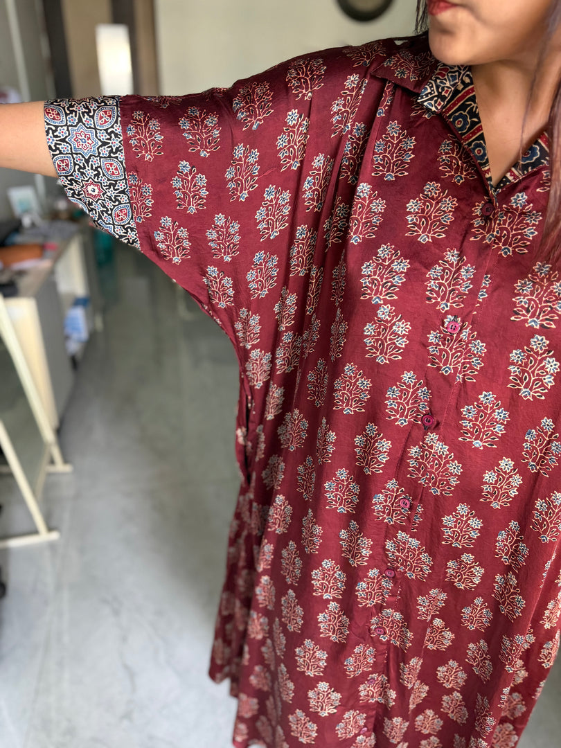 Modal silk ajrakh kaftan shirt dress