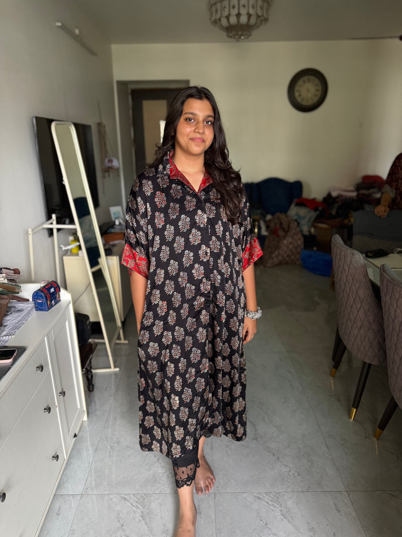 Modal silk ajrakh kaftan shirt dress