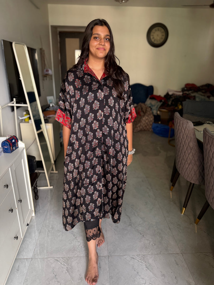 Modal silk ajrakh kaftan shirt dress