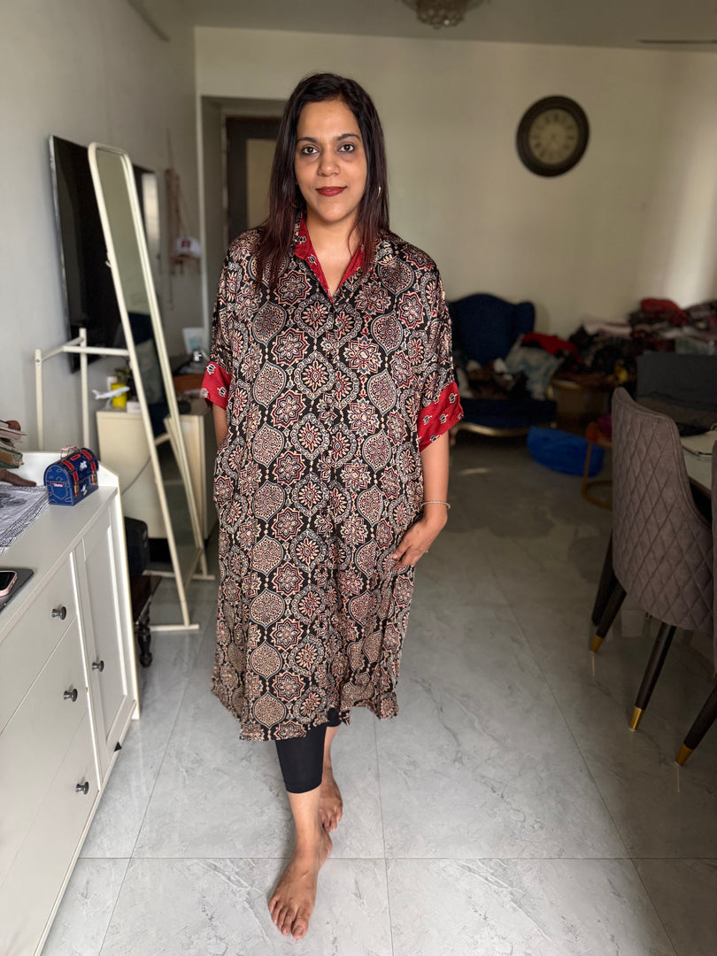 Modal silk ajrakh kaftan shirt dress