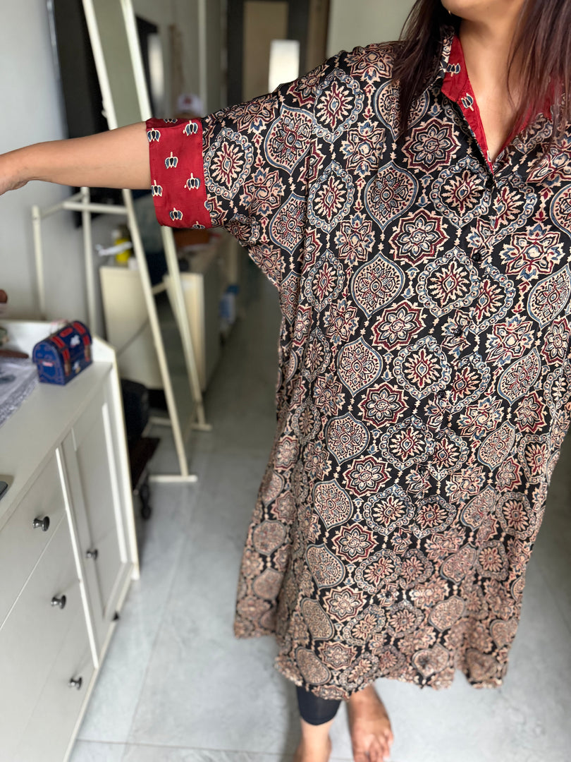 Modal silk ajrakh kaftan shirt dress