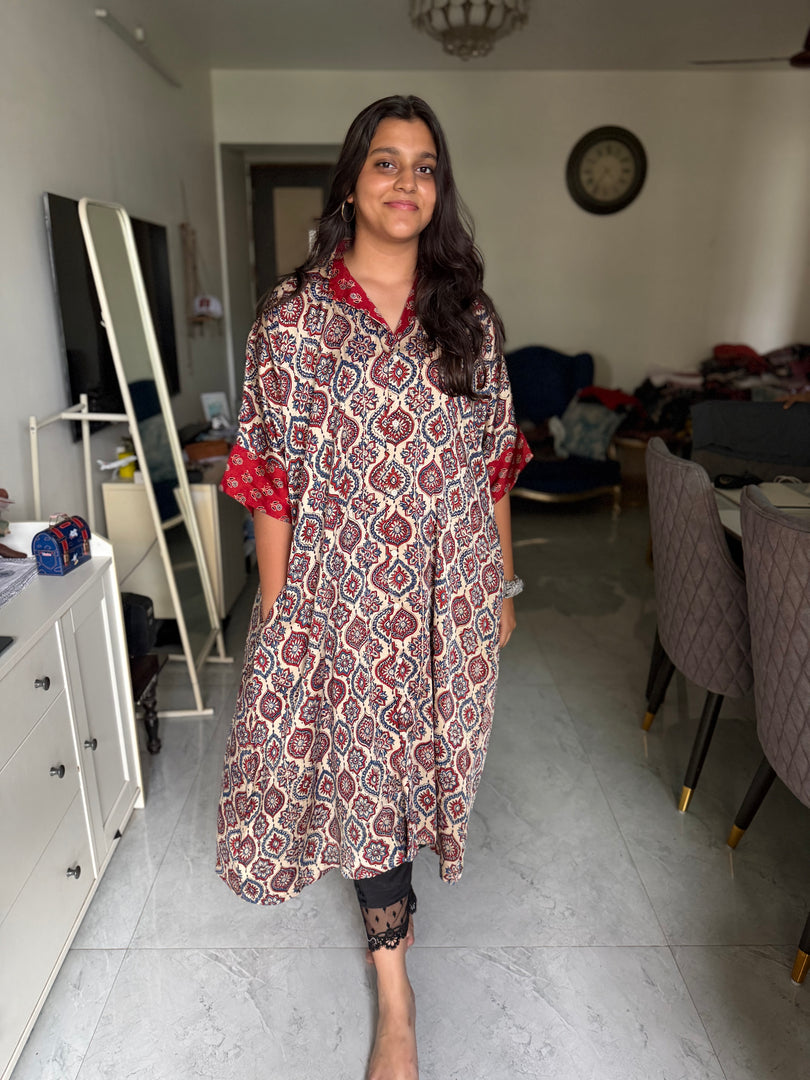 Modal silk ajrakh kaftan shirt dress
