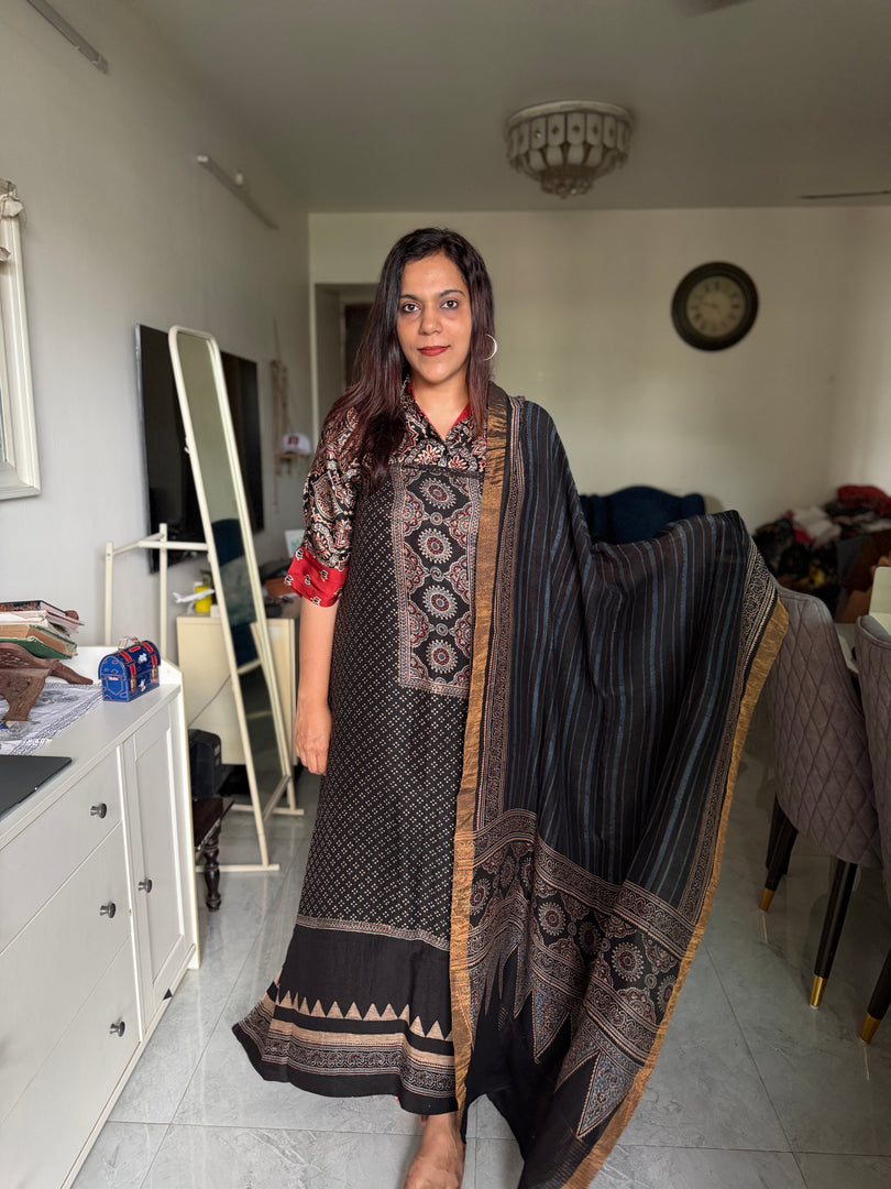 Ajrakh hand block print natural dye linen 2 piece suit set