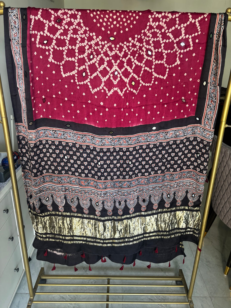 Modal silk ajrakh hand block  with  bandhani mirror hand  worked zari dupatta with tazzels