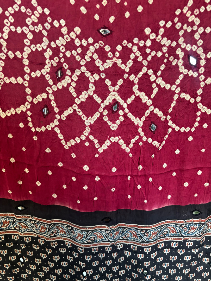 Modal silk ajrakh hand block  with  bandhani mirror hand  worked zari dupatta with tazzels