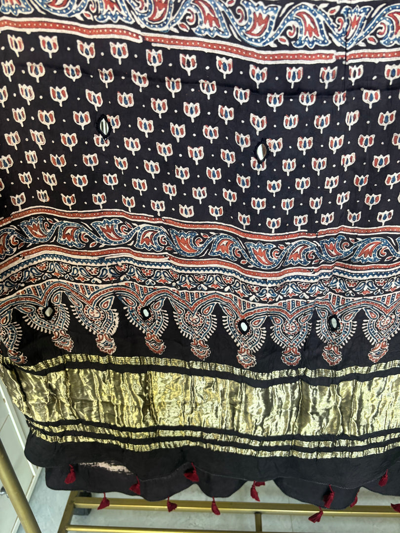 Modal silk ajrakh hand block  with  bandhani mirror hand  worked zari dupatta with tazzels