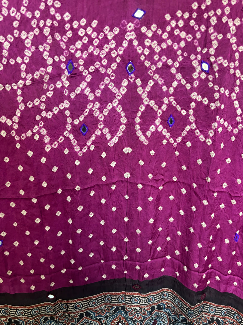 Modal silk ajrakh hand block  with  bandhani mirror hand  worked dupatta with tazzels