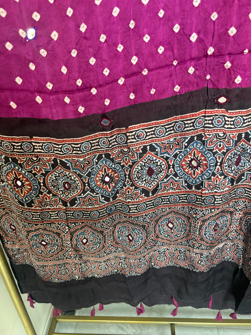 Modal silk ajrakh hand block  with  bandhani mirror hand  worked dupatta with tazzels