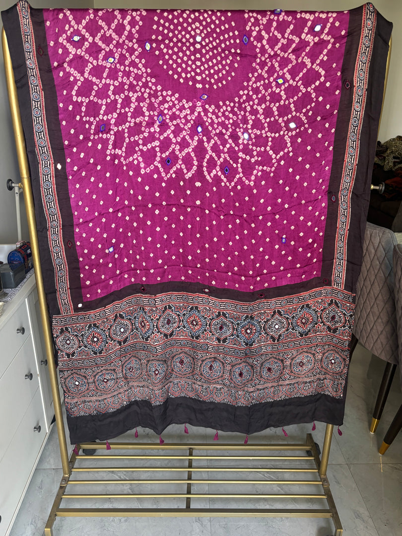 Modal silk ajrakh hand block  with  bandhani mirror hand  worked dupatta with tazzels