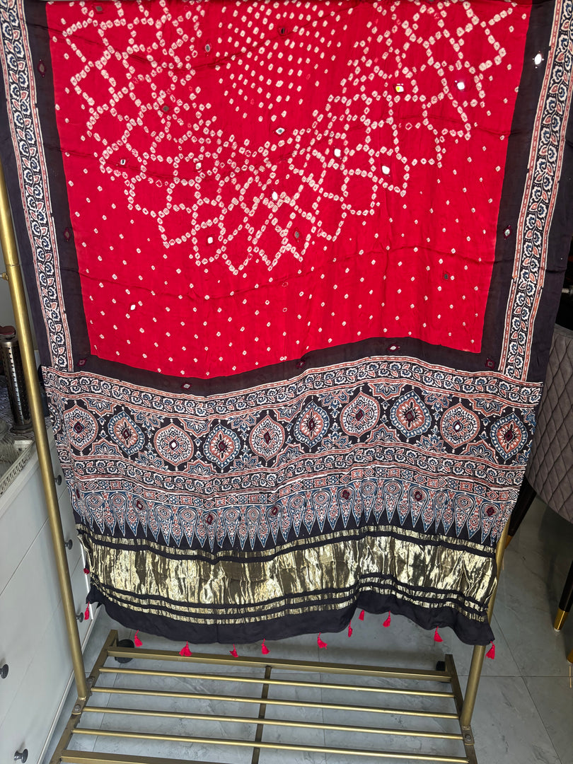 Modal silk ajrakh hand block  with  bandhani mirror hand  worked zari dupatta with tazzels