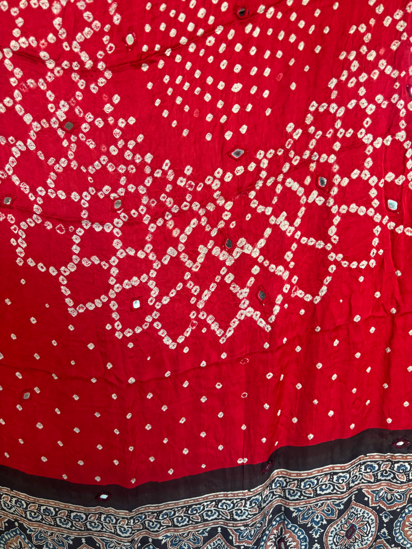 Modal silk ajrakh hand block  with  bandhani mirror hand  worked zari dupatta with tazzels