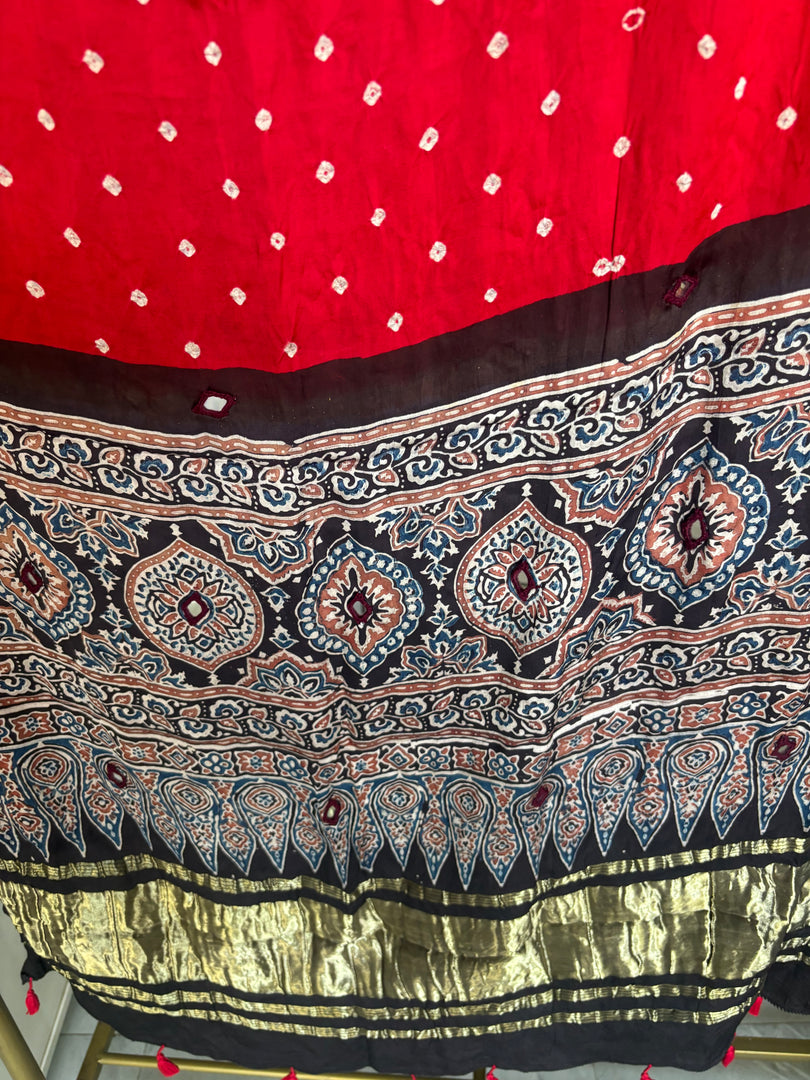 Modal silk ajrakh hand block  with  bandhani mirror hand  worked zari dupatta with tazzels