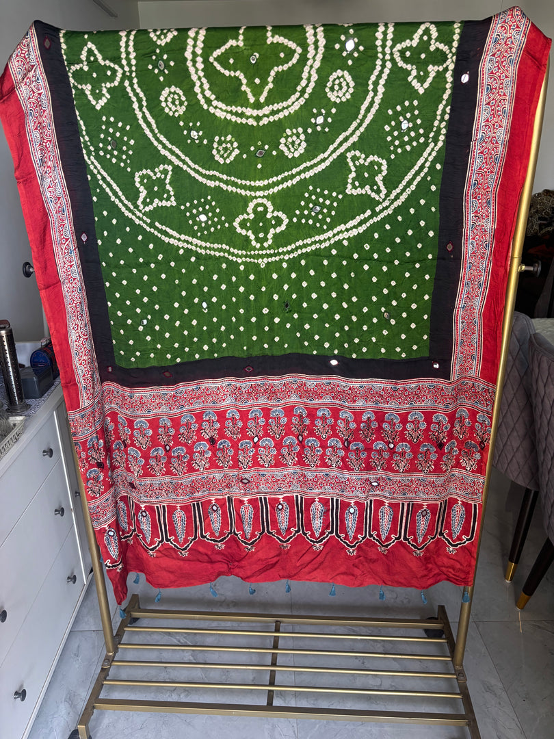 Modal silk ajrakh hand block  with  bandhani mirror hand  worked dupatta with tazzels