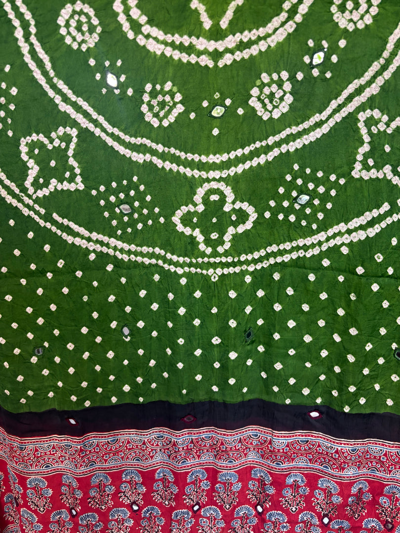 Modal silk ajrakh hand block  with  bandhani mirror hand  worked dupatta with tazzels