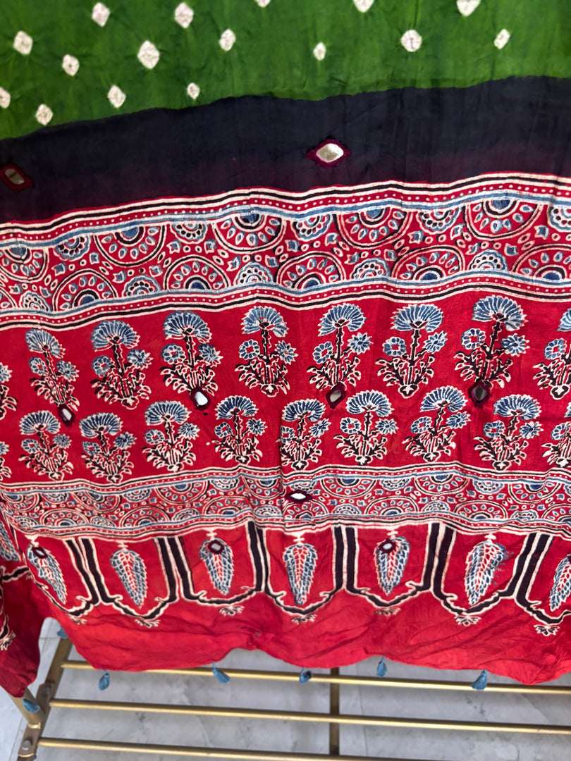 Modal silk ajrakh hand block  with  bandhani mirror hand  worked dupatta with tazzels
