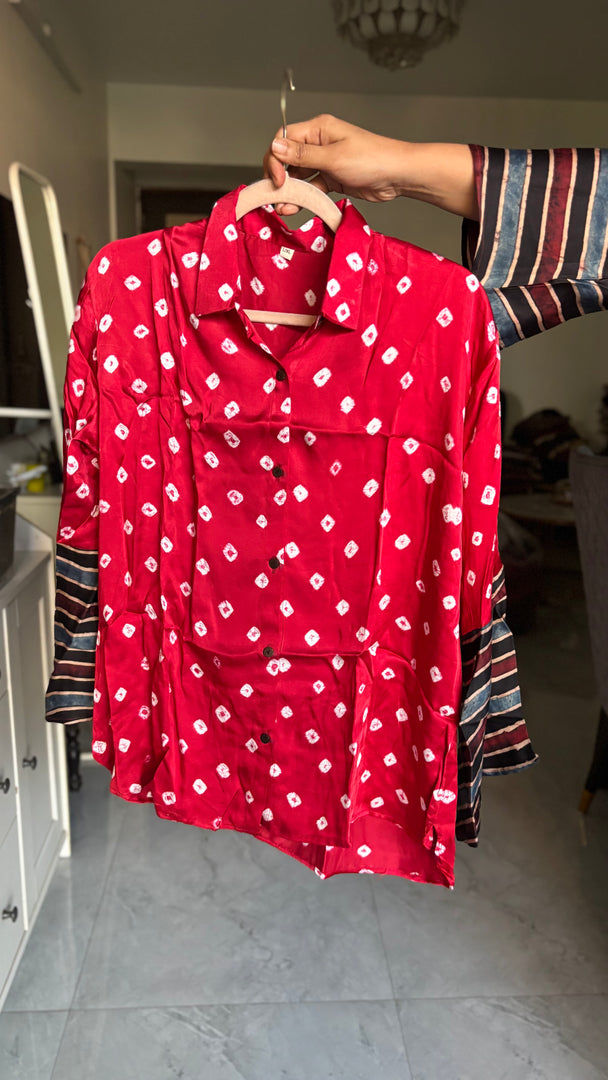 Modal silk bandhej shirt with ajrakh border on sleeves