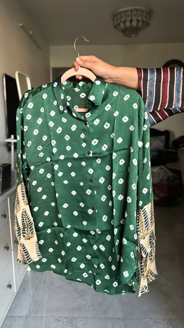 Modal silk bandhej shirt with ajrakh border on sleeves
