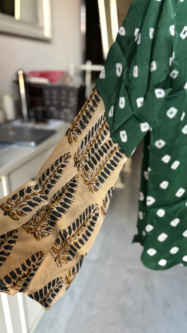 Modal silk bandhej shirt with ajrakh border on sleeves