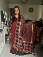 Load image into Gallery viewer, Plain modal silk top with modal silk ajrakh tissue pallu dupatta with tazzels 2 piece set
