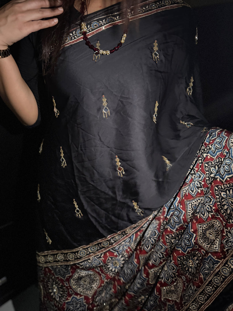 MEHZA FESTIVE EDIT2026 Premium quality handworked modal silk ajrakh saree with tazzels