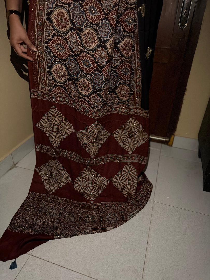 MEHZA FESTIVE EDIT2026 Premium quality handworked modal silk ajrakh saree with tazzels