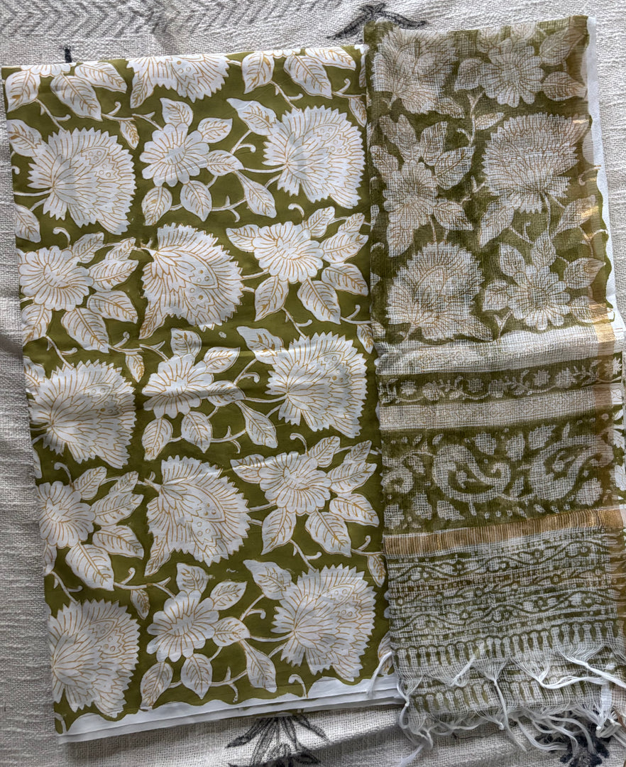 Pure cotton handblock 5 m fabric with Kota Doria dupatta