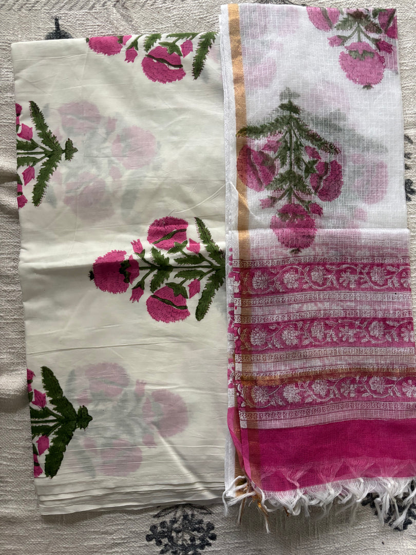 Pure cotton handblock 5 m fabric with Kota Doria dupatta