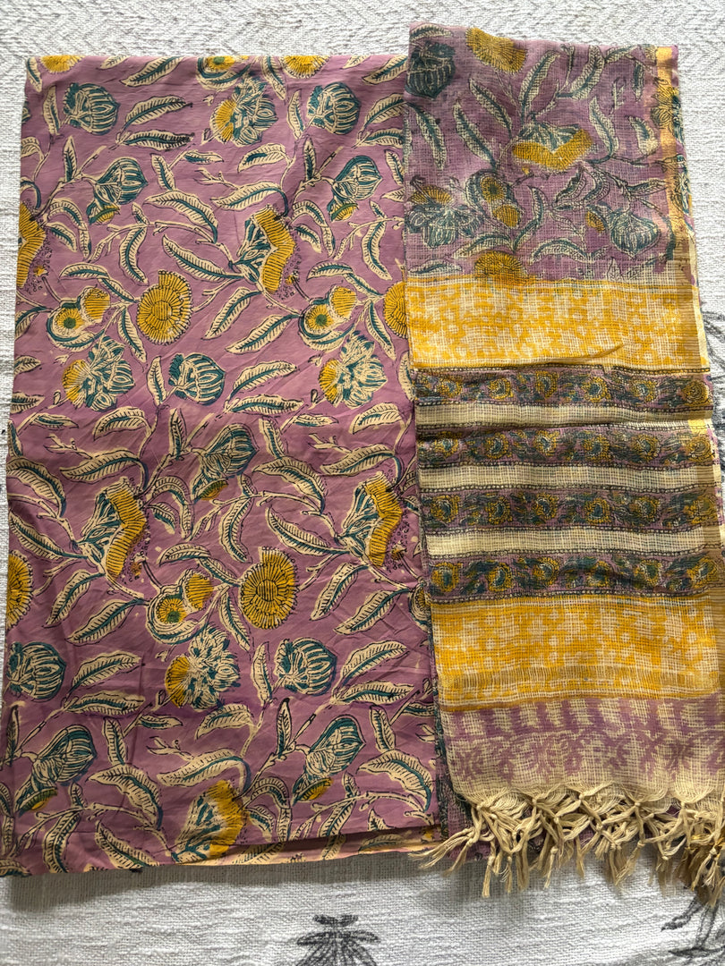 Pure cotton handblock 5 m fabric with Kota Doria dupatta