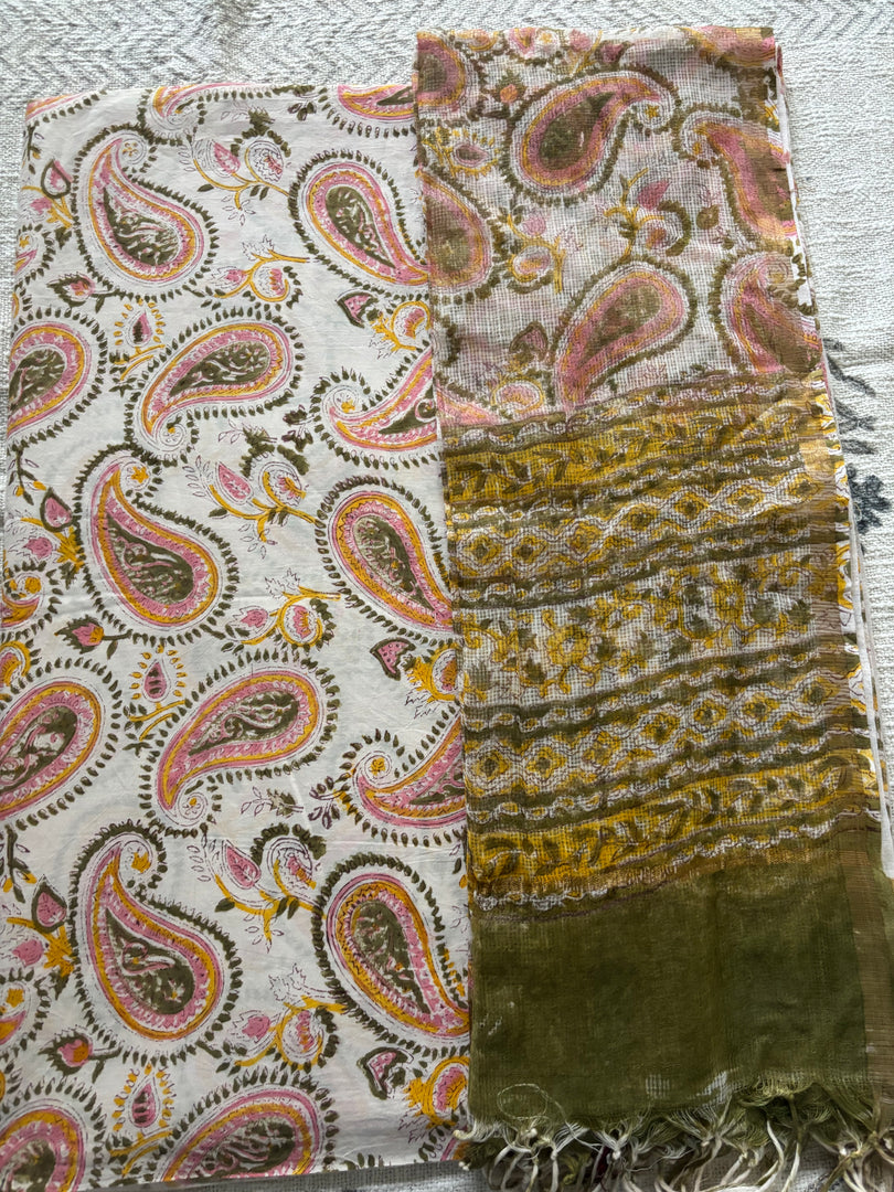 Pure cotton handblock 5 m fabric with Kota Doria dupatta