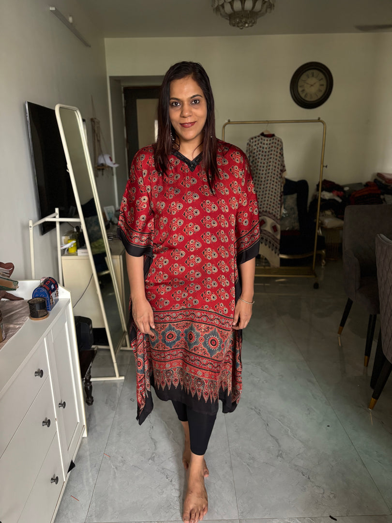 Modal silk ajrakh kaftan with mirror lace