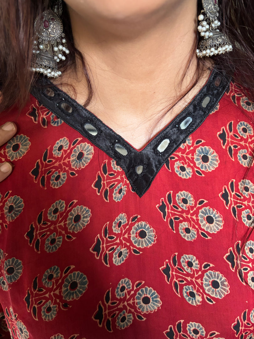 Modal silk ajrakh kaftan with mirror lace