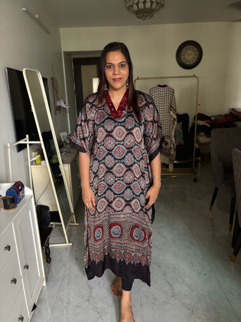 Modal silk ajrakh kaftan with mirror lace