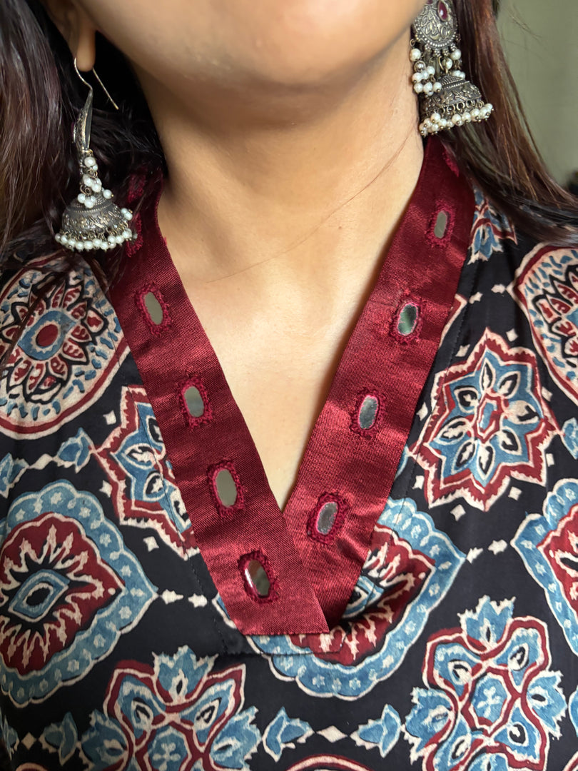 Modal silk ajrakh kaftan with mirror lace
