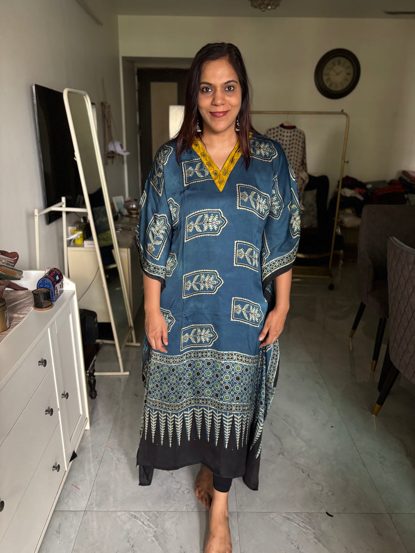 Modal silk ajrakh kaftan with mirror lace