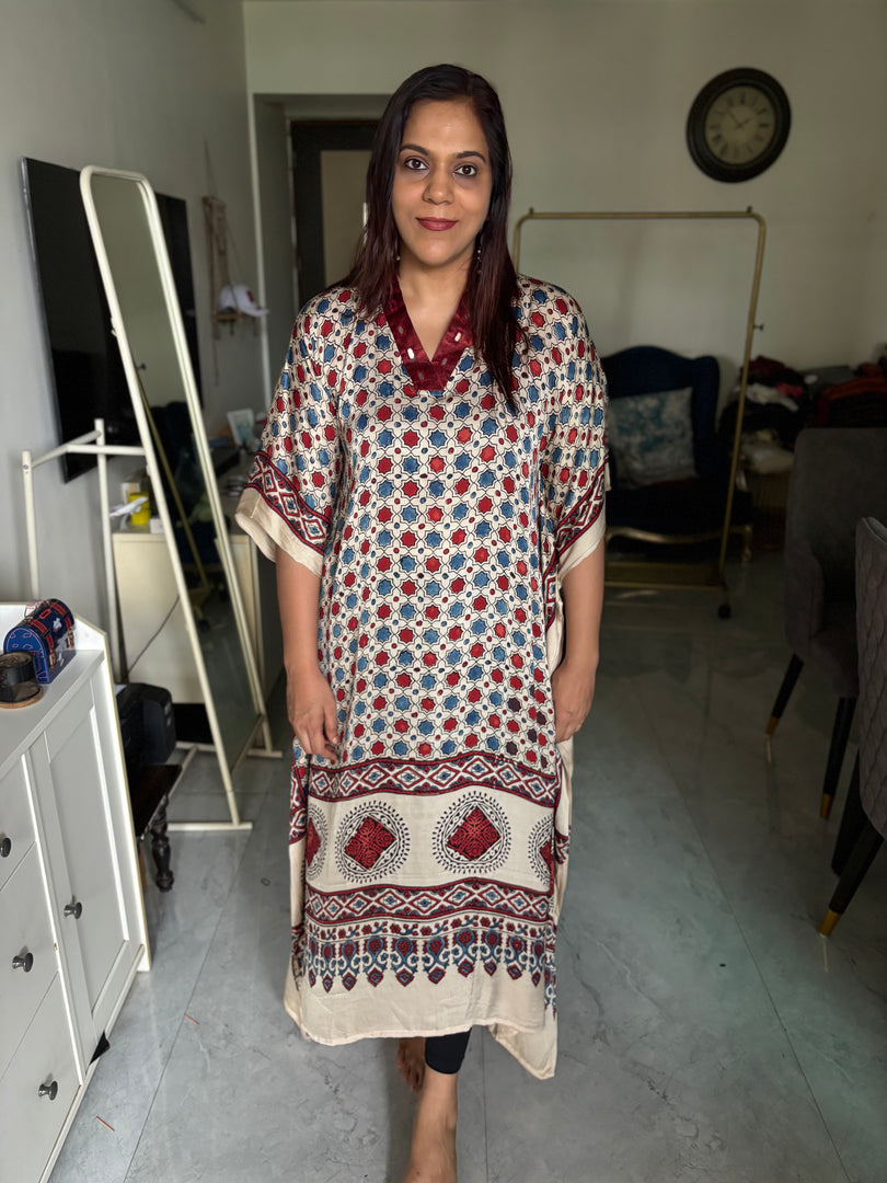 Modal silk ajrakh kaftan with mirror lace