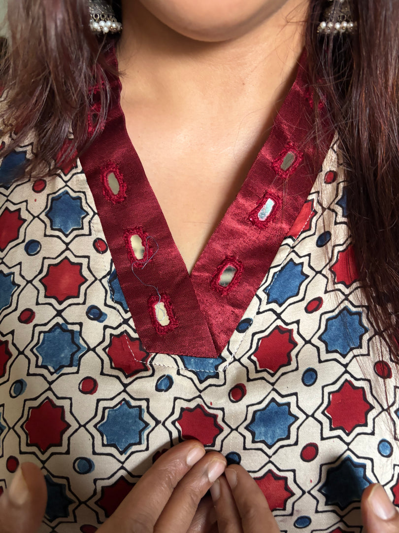 Modal silk ajrakh kaftan with mirror lace
