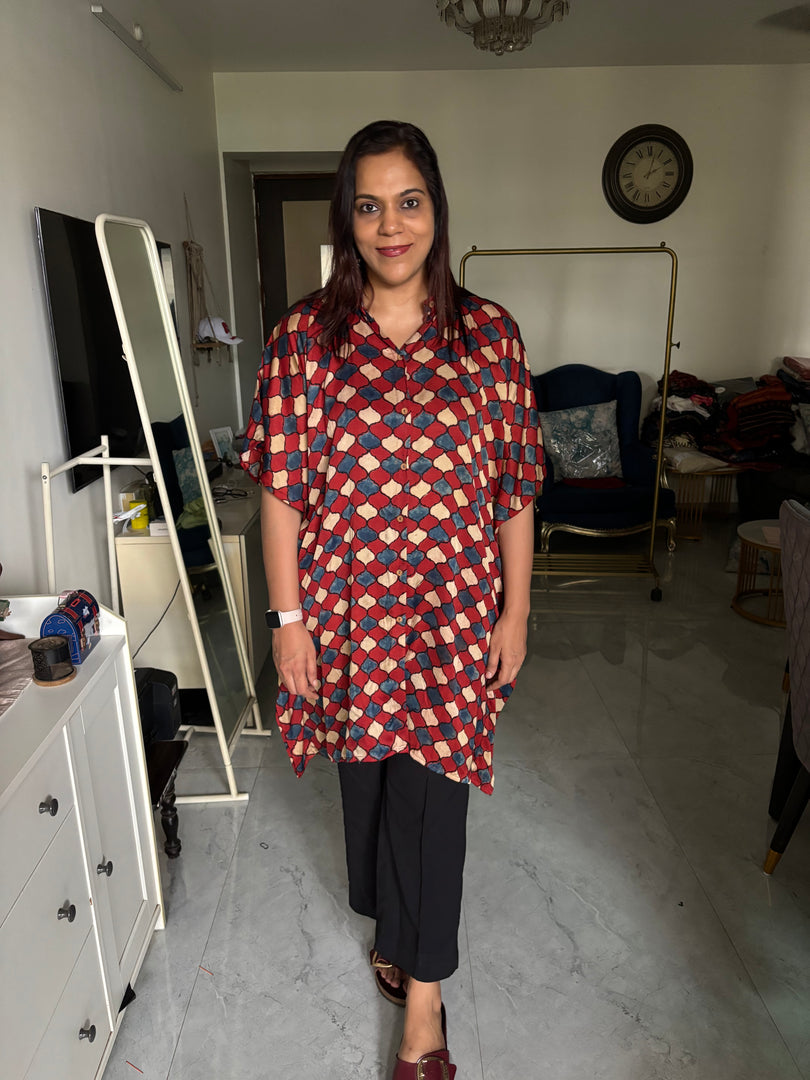 Modal silk handblocked ajrakh kaftan shirt