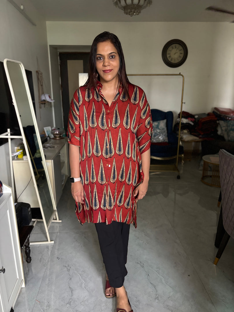 Modal silk handblocked ajrakh kaftan shirt