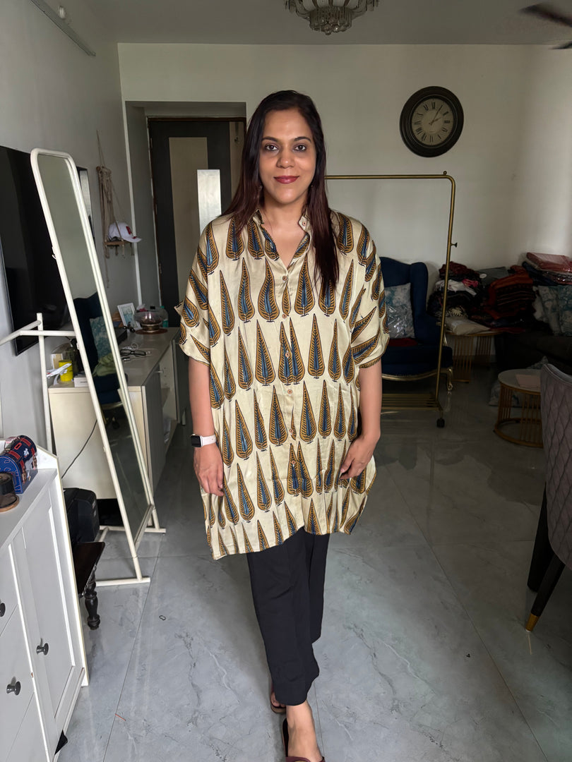 Modal silk handblocked ajrakh kaftan shirt