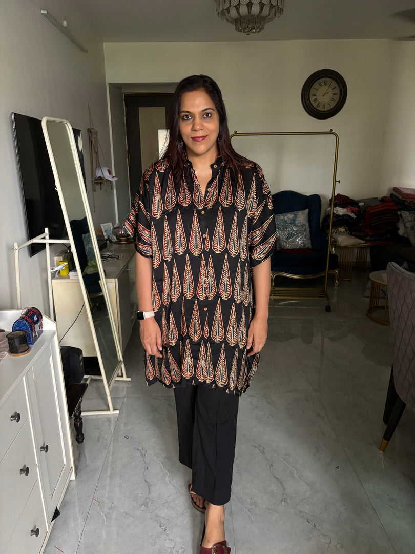 Modal silk handblocked ajrakh kaftan shirt