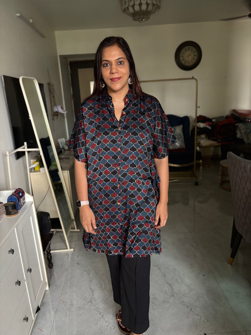 Modal silk handblocked ajrakh kaftan shirt
