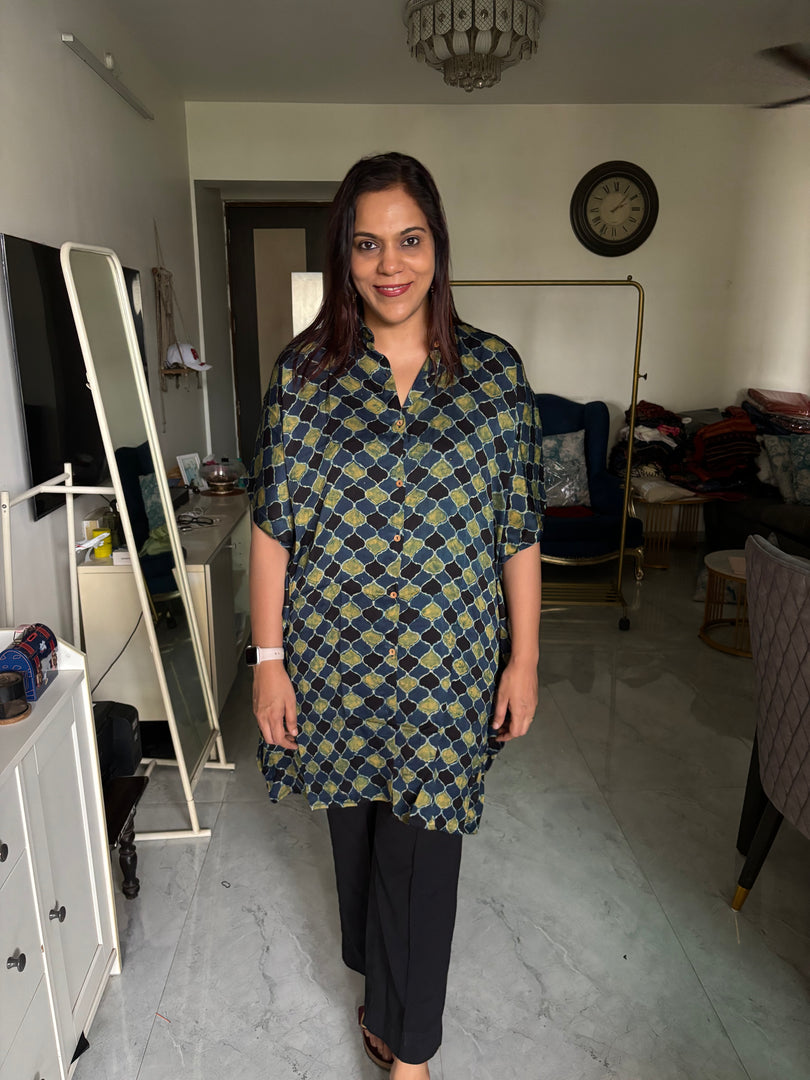 Modal silk handblocked ajrakh kaftan shirt