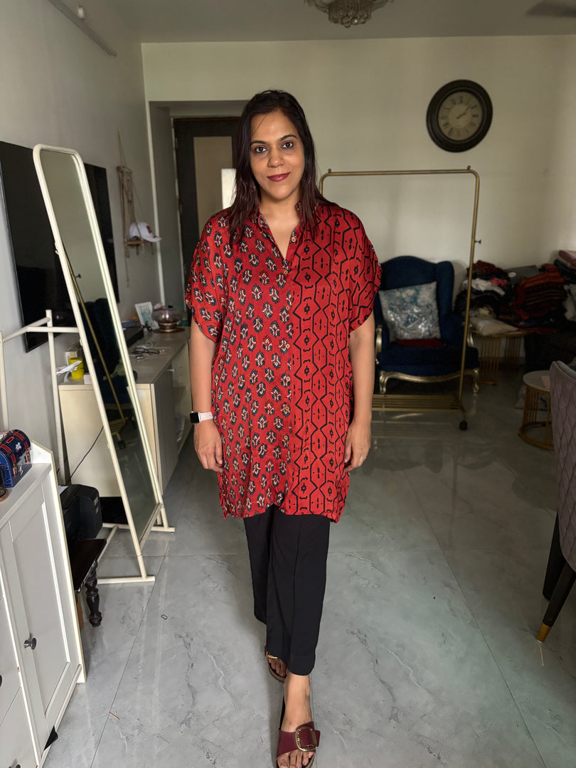 Modal silk handblocked ajrakh kaftan shirt