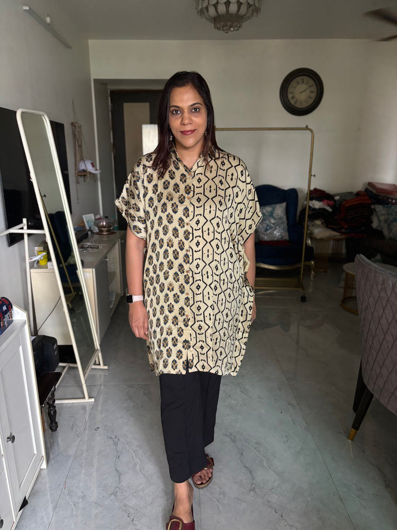 Modal silk handblocked ajrakh kaftan shirt