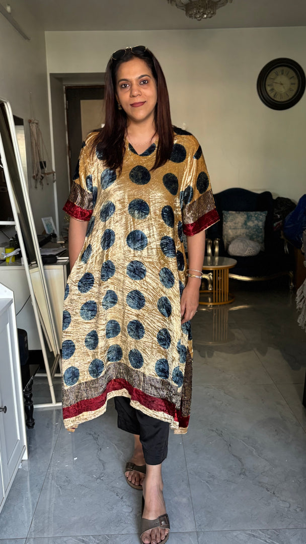 Velvet hand block ajrakh stitched kaftan top